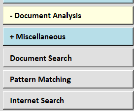 Work Bench Document Analysis menu showing document search, pattern matching and internet search